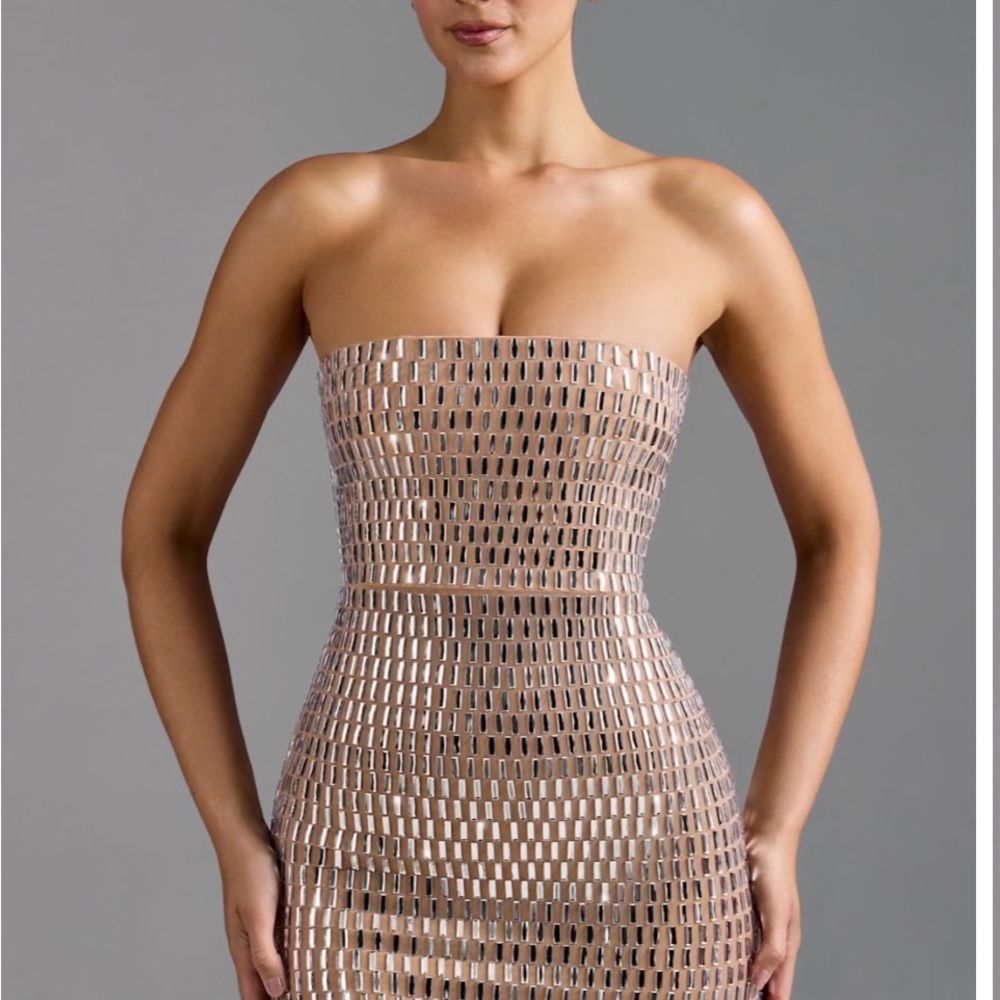 Oh Polly Aurora
Embellished Bandeau Mini Dress in Almond